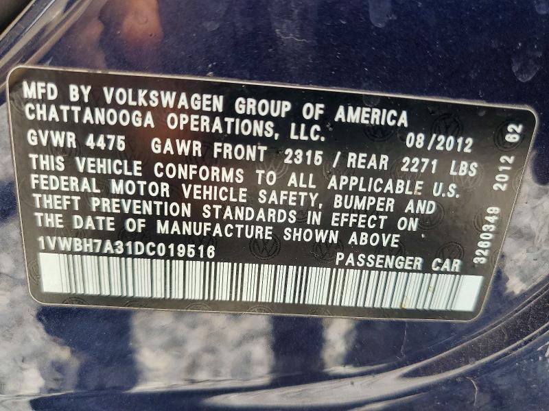 2013 Volkswagen Passat მანქანა იყიდება აუქციონზე, vin: 1VWBH7A31DC019516, აუქციონის ნომერი: 60786906