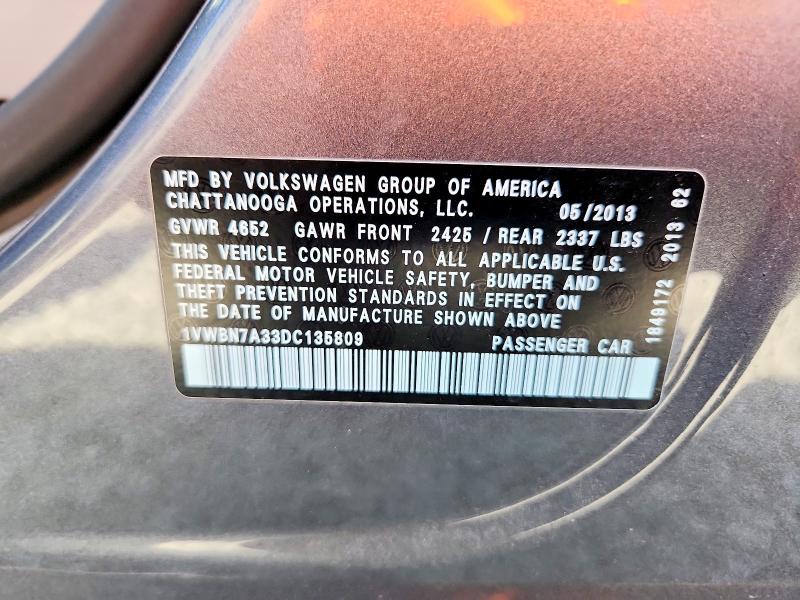 2013 Volkswagen Passat მანქანა იყიდება აუქციონზე, vin: 1VWBN7A33DC135809, აუქციონის ნომერი: 60066076