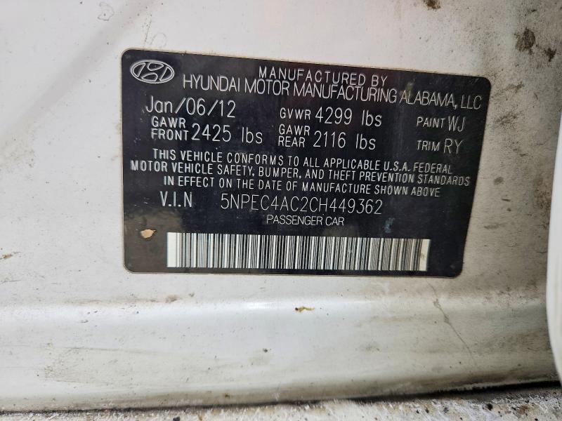2012 Hyundai Sonata მანქანა იყიდება აუქციონზე, vin: 5NPEC4AC2CH449362, აუქციონის ნომერი: 59406756