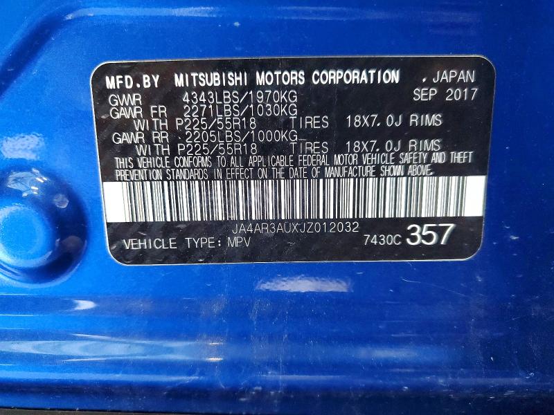 2018 Mitsubishi Outlander Sport მანქანა იყიდება აუქციონზე, vin: JA4AR3AUXJZ012032, აუქციონის ნომერი: 62101826
