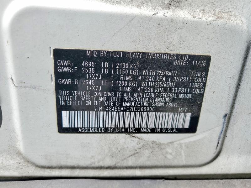 Aukcja sprzedaży 2017 Subaru Outback, vin: 4S4BSAFC2H3309906, numer aukcji: 61436556