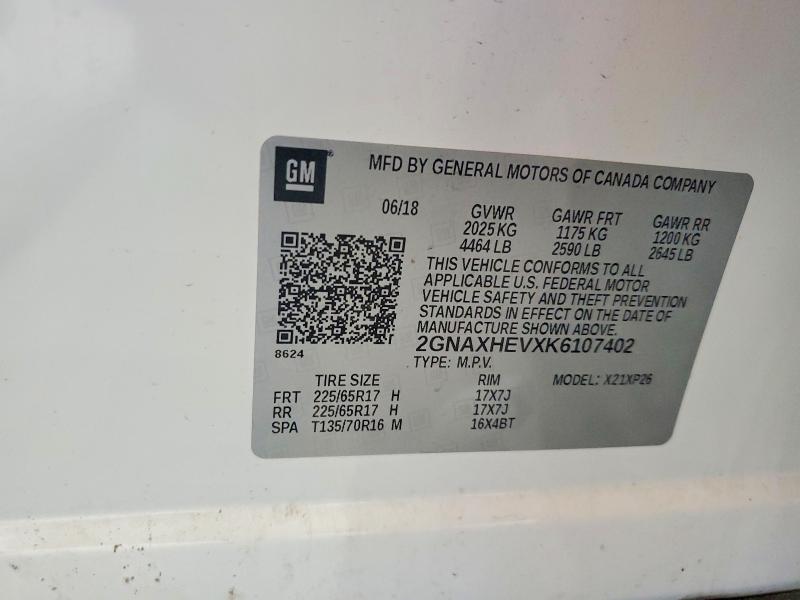 Aukcja sprzedaży 2019 Chevrolet Equinox, vin: 2GNAXHEVXK6107402, numer aukcji: 60969586