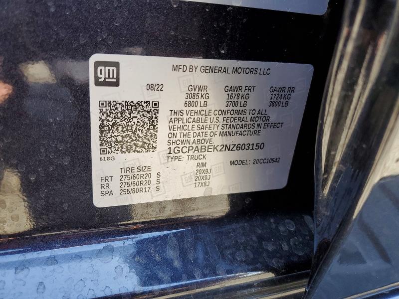61806246 :رقم المزاد ، 1GCPABEK2NZ603150 vin ، 2022 Chevrolet Silverado مزاد بيع