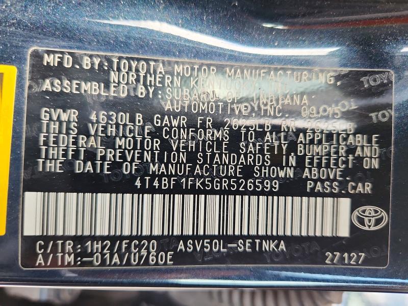Продажа на аукционе авто 2016 Toyota Camry, vin: 4T4BF1FK5GR526599, номер лота: 62419866
