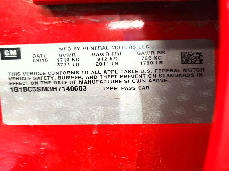 2017 Chevrolet Cruze მანქანა იყიდება აუქციონზე, vin: 1G1BC5SM3H7140603, აუქციონის ნომერი: 59602166