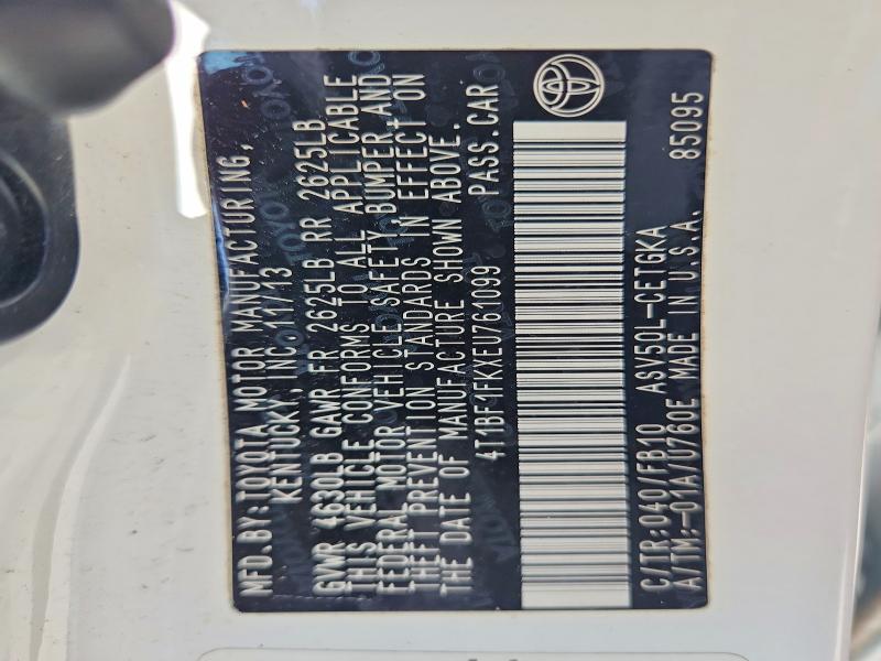 2014 Toyota Camry მანქანა იყიდება აუქციონზე, vin: 4T1BF1FKXEU761099, აუქციონის ნომერი: 61240356