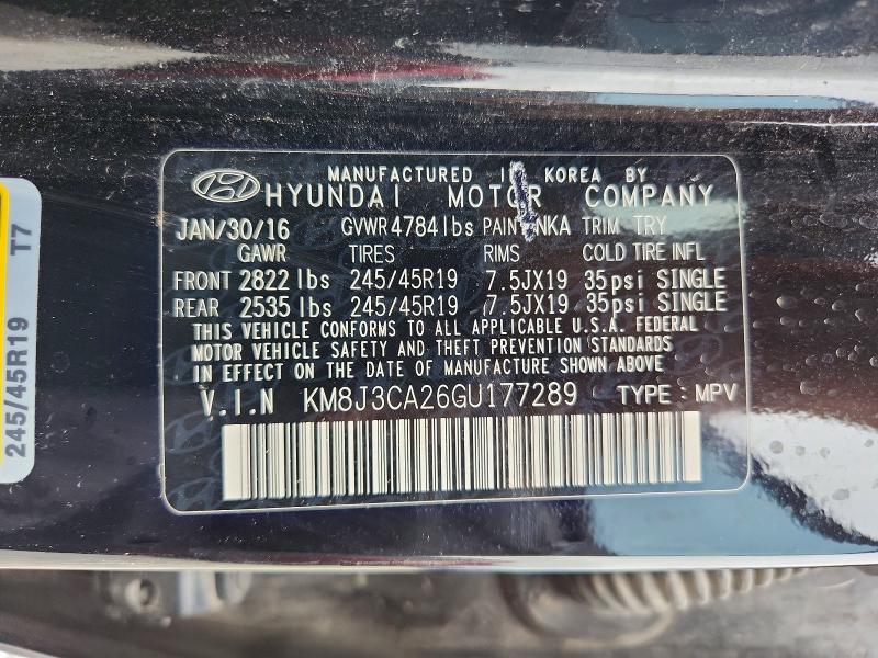 63402016 :رقم المزاد ، KM8J3CA26GU177289 vin ، 2016 Hyundai Tucson مزاد بيع