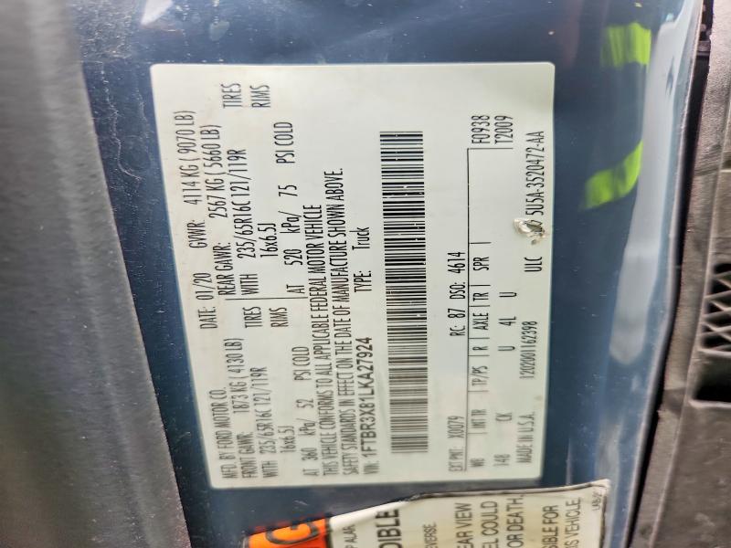 2020 Ford Transit მანქანა იყიდება აუქციონზე, vin: 1FTBR3X81LKA27924, აუქციონის ნომერი: 62987346