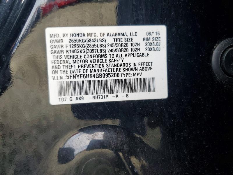 2016 Honda Pilot მანქანა იყიდება აუქციონზე, vin: 5FNYF6H94GB095200, აუქციონის ნომერი: 61804356