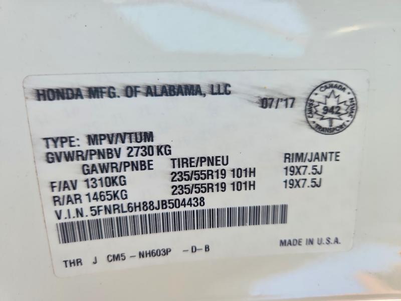 2018 Honda Odyssey მანქანა იყიდება აუქციონზე, vin: 5FNRL6H88JB504438, აუქციონის ნომერი: 56253896