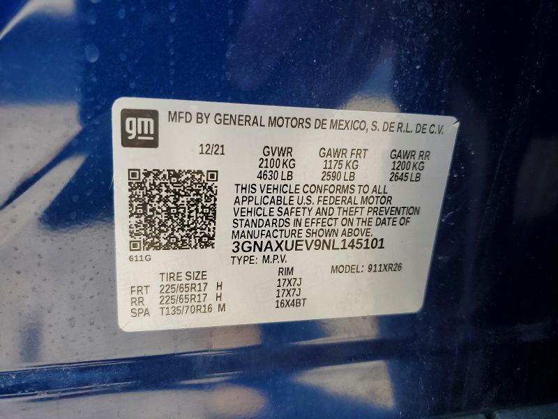 Продажа на аукционе авто 2022 Chevrolet Equinox, vin: 3GNAXUEV9NL145101, номер лота: 61746076