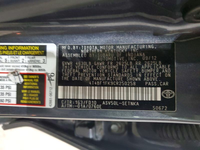 61562096 :رقم المزاد ، 4T4BF1FK9CR250258 vin ، 2012 Toyota Camry مزاد بيع