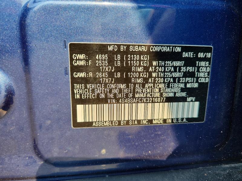 Aukcja sprzedaży 2019 Subaru Outback, vin: 4S4BSAFC7K3216077, numer aukcji: 61166376