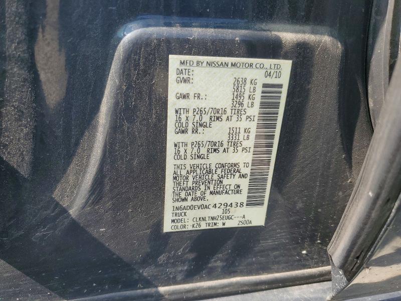 62388896 :رقم المزاد ، 1N6AD0EV0AC429438 vin ، 2010 Nissan Frontier مزاد بيع