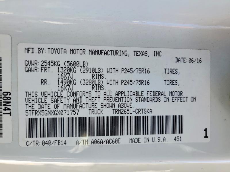 2016 Toyota Tacoma მანქანა იყიდება აუქციონზე, vin: 5TFRX5GNXGX071757, აუქციონის ნომერი: 60781476