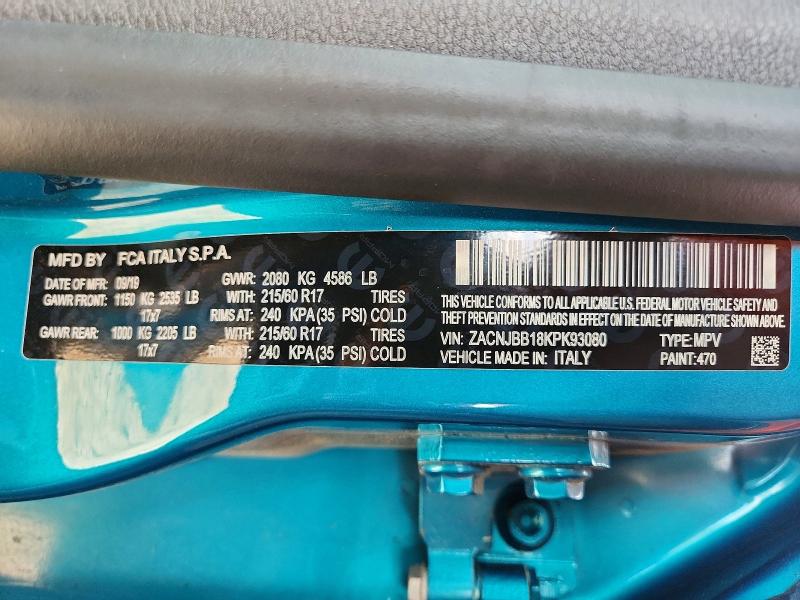 2019 Jeep Renegade მანქანა იყიდება აუქციონზე, vin: ZACNJBB18KPK93080, აუქციონის ნომერი: 60764506