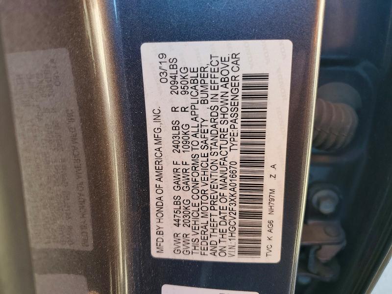 62783456 :رقم المزاد ، 1HGCV2F3XKA016670 vin ، 2019 Honda Accord مزاد بيع