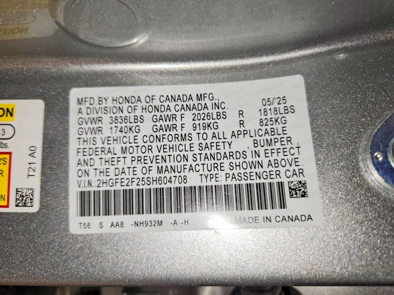 Продаж на аукціоні авто 2025 Honda Civic, vin: 2HGFE2F25SH604708, номер лоту: 61536416