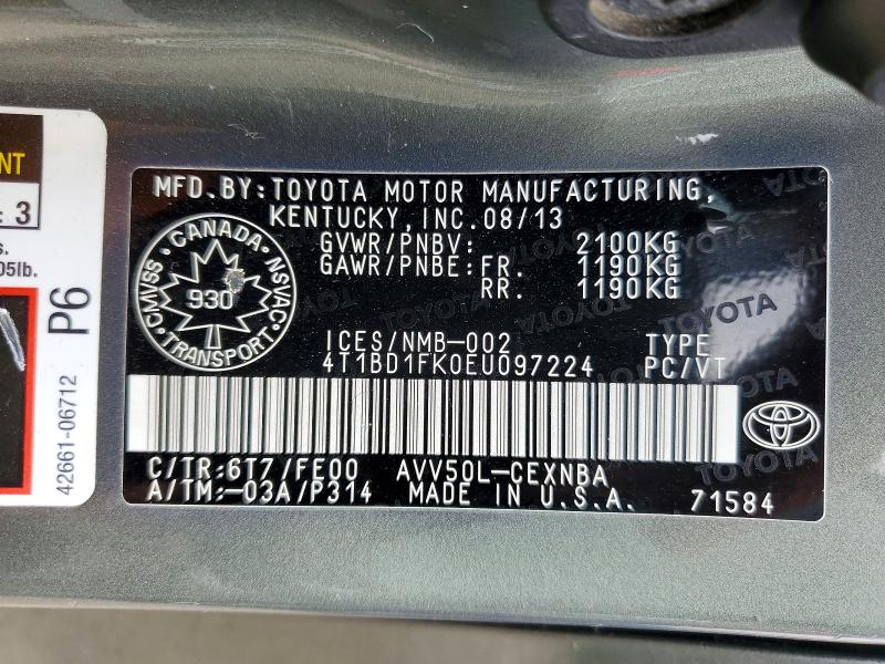2014 Toyota Camry Hybrid მანქანა იყიდება აუქციონზე, vin: 4T1BD1FK0EU097224, აუქციონის ნომერი: 60963046