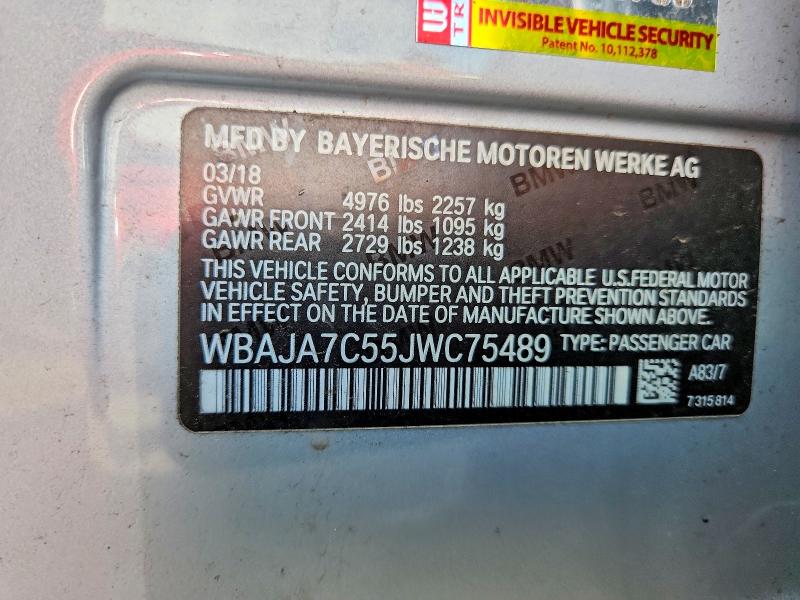 63366876 :رقم المزاد ، WBAJA7C55JWC75489 vin ، 2018 Bmw 530 مزاد بيع