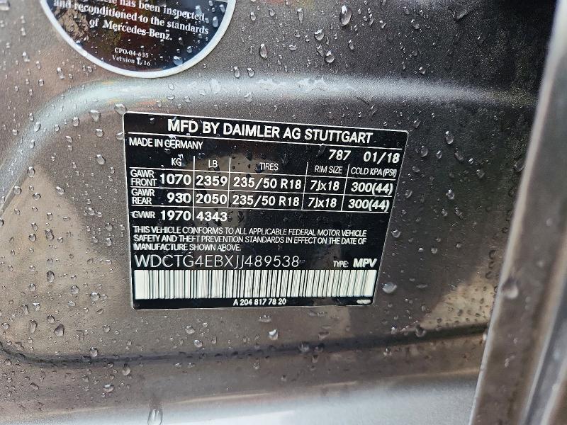 61376086 :رقم المزاد ، WDCTG4EBXJJ489538 vin ، 2018 Mercedes-benz Gla مزاد بيع