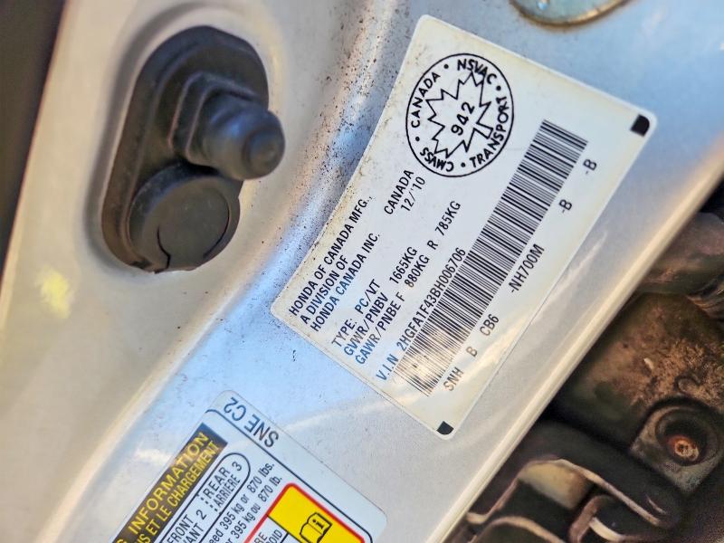 2011 Honda Civic მანქანა იყიდება აუქციონზე, vin: 2HGFA1F43BH006706, აუქციონის ნომერი: 61775826