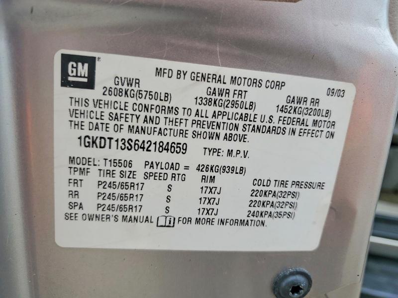 Aukcja sprzedaży 2004 Gmc Envoy, vin: 1GKDT13S642184659, numer aukcji: 62593056