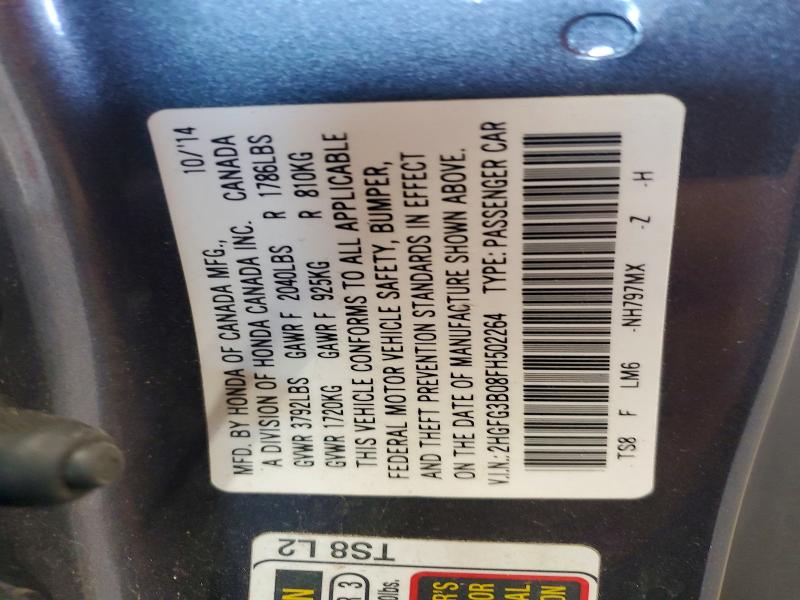 Продаж на аукціоні авто 2015 Honda Civic, vin: 2HGFG3B08FH502264, номер лоту: 62594746
