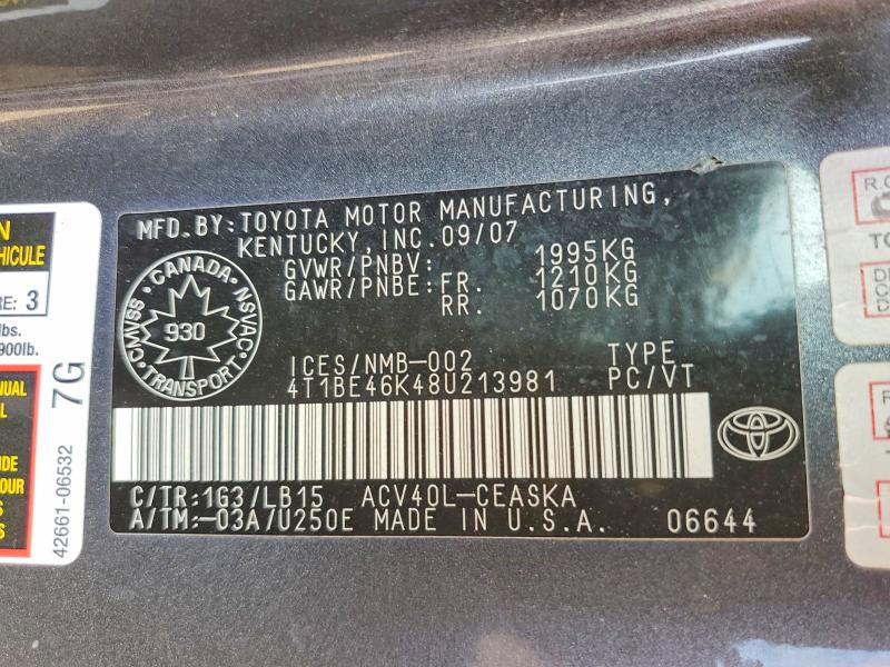 Продажа на аукционе авто 2008 Toyota Camry, vin: 4T1BE46K48U213981, номер лота: 57561386