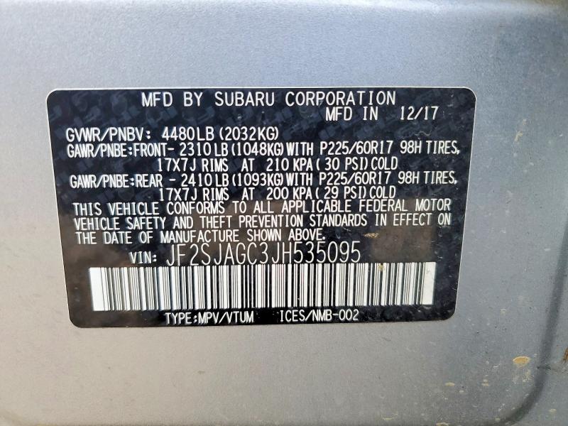 Продаж на аукціоні авто 2018 Subaru Forester, vin: JF2SJAGC3JH535095, номер лоту: 59120516