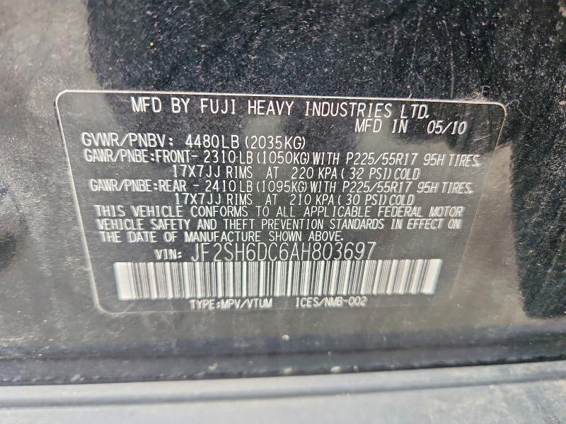 2010 Subaru Forester მანქანა იყიდება აუქციონზე, vin: JF2SH6DC6AH803697, აუქციონის ნომერი: 62991336