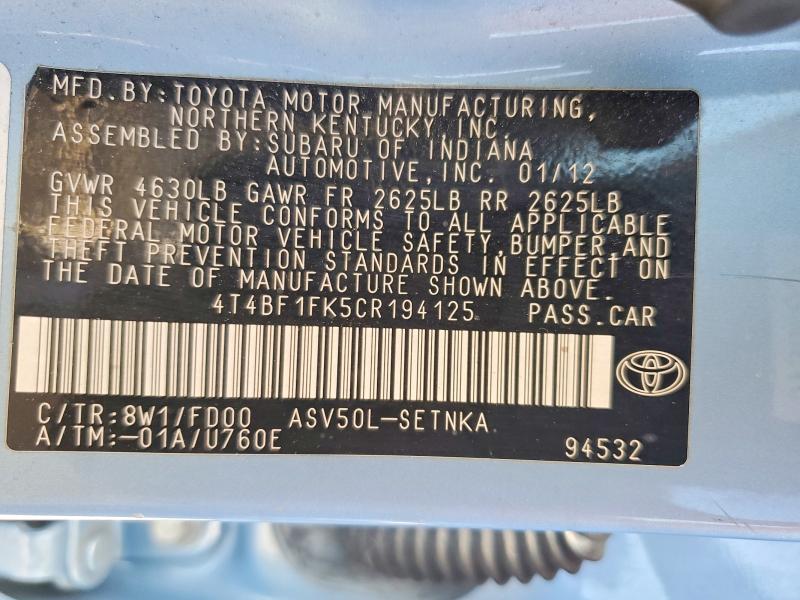 Продажа на аукционе авто 2012 Toyota Camry, vin: 4T4BF1FK5CR194125, номер лота: 62797606