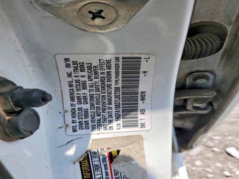 Продаж на аукціоні авто 2007 Honda Civic, vin: 1HGFA16837L007268, номер лоту: 58736436
