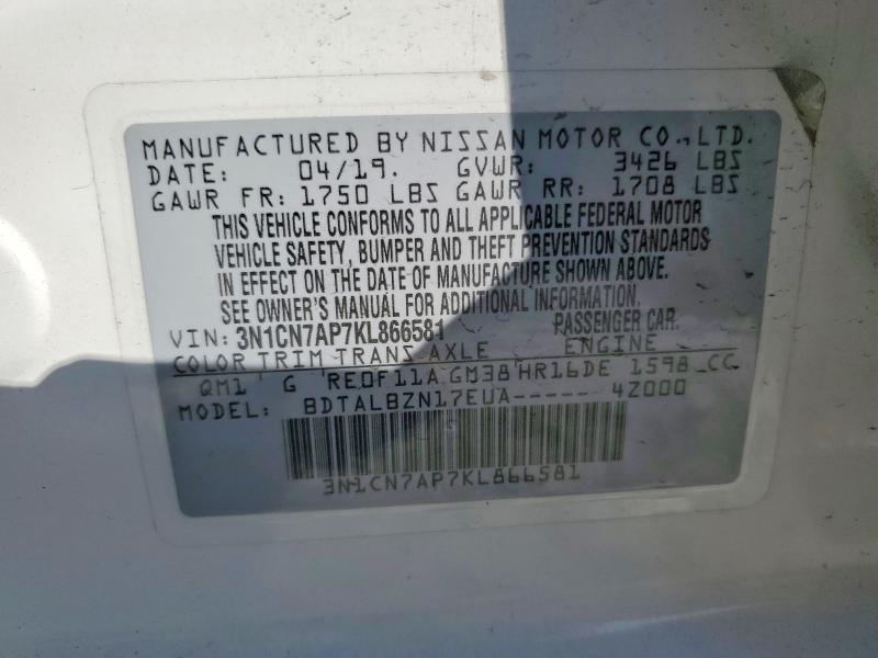 Aukcja sprzedaży 2019 Nissan Versa, vin: 3N1CN7AP7KL866581, numer aukcji: 60128786