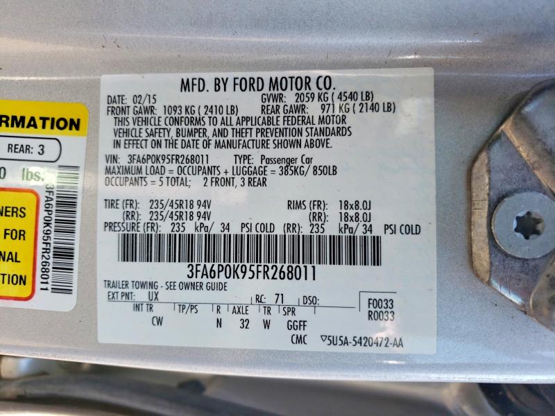2015 Ford Fusion მანქანა იყიდება აუქციონზე, vin: 3FA6P0K95FR268011, აუქციონის ნომერი: 61050716