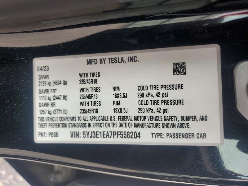 Aukcja sprzedaży 2023 Tesla Model 3, vin: 5YJ3E1EA7PF558204, numer aukcji: 60752536