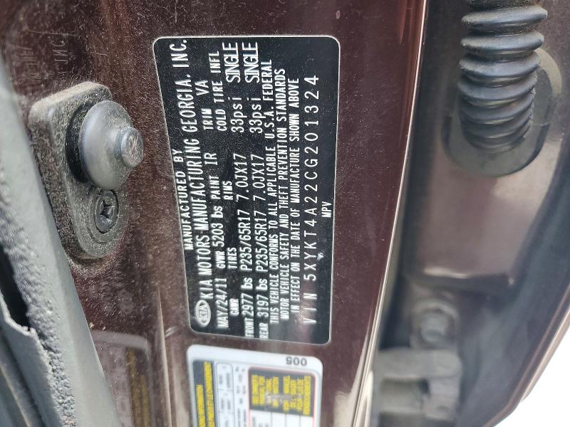 Aukcja sprzedaży 2012 Kia Sorento, vin: 5XYKT4A22CG201324, numer aukcji: 61129426