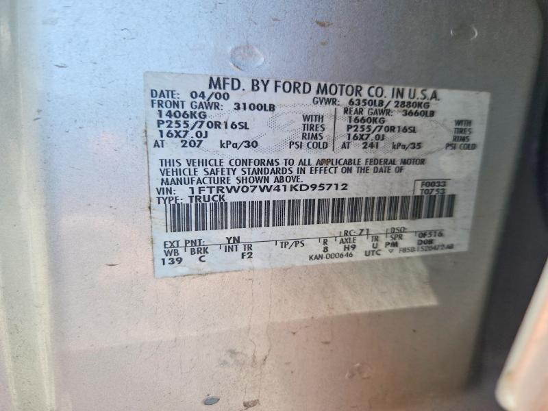 Aukcja sprzedaży 2001 Ford F150, vin: 1FTRW07W41KD95712, numer aukcji: 62009606