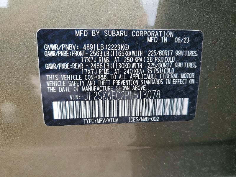 2023 Subaru Forester მანქანა იყიდება აუქციონზე, vin: JF2SKAEC2PH513078, აუქციონის ნომერი: 61374346