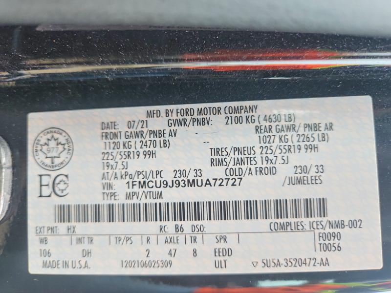 Aukcja sprzedaży 2021 Ford Escape, vin: 1FMCU9J93MUA72727, numer aukcji: 62939526