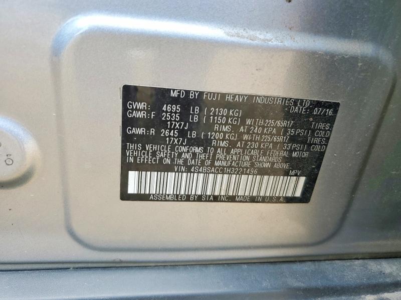 2017 Subaru Outback მანქანა იყიდება აუქციონზე, vin: 4S4BSACC1H3221496, აუქციონის ნომერი: 57968246