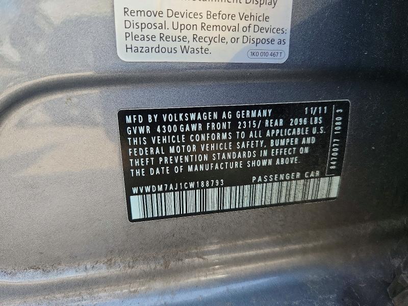 2012 Volkswagen Golf მანქანა იყიდება აუქციონზე, vin: WVWDM7AJ1CW188793, აუქციონის ნომერი: 60381456