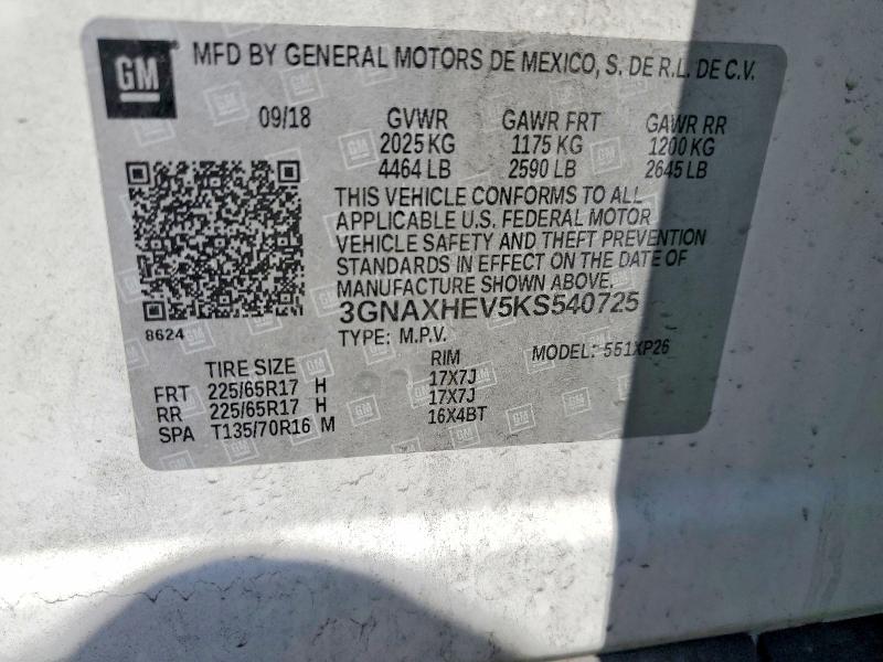 2019 Chevrolet Equinox მანქანა იყიდება აუქციონზე, vin: 3GNAXHEV5KS540725, აუქციონის ნომერი: 60890086