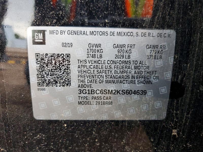 Auction sale of the 2019 Chevrolet Cruze, vin: 3G1BC6SM2KS604639, lot number: 62545456
