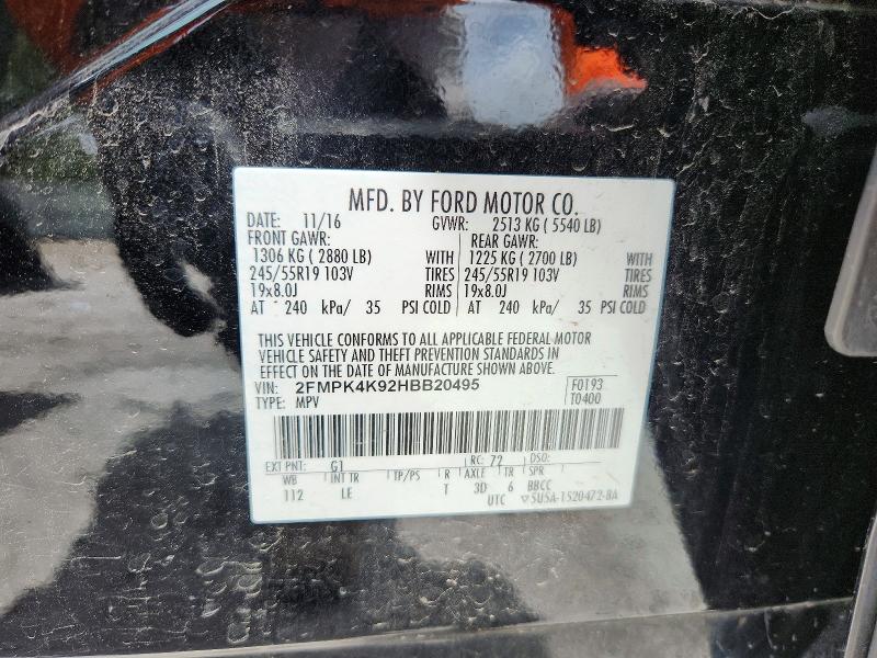 2017 Ford Edge მანქანა იყიდება აუქციონზე, vin: 2FMPK4K92HBB20495, აუქციონის ნომერი: 60865966