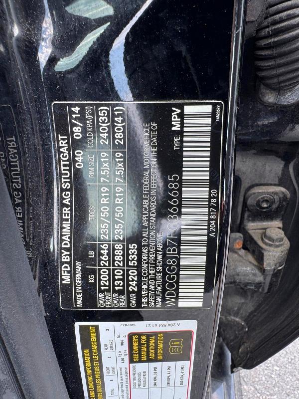 2015 Mercedes-benz Glk მანქანა იყიდება აუქციონზე, vin: WDCGG8JB7FG366685, აუქციონის ნომერი: 59821476