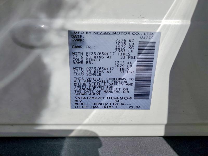 2014 Nissan Rogue მანქანა იყიდება აუქციონზე, vin: 5N1AT2MK2EC804904, აუქციონის ნომერი: 59144266