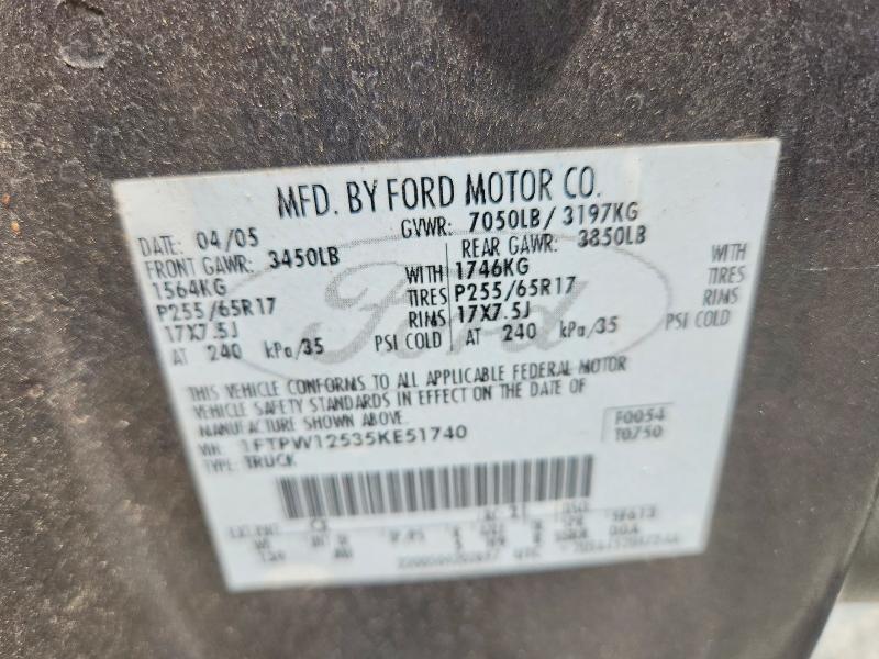2005 Ford F150 მანქანა იყიდება აუქციონზე, vin: 1FTPW12535KE51740, აუქციონის ნომერი: 60150226