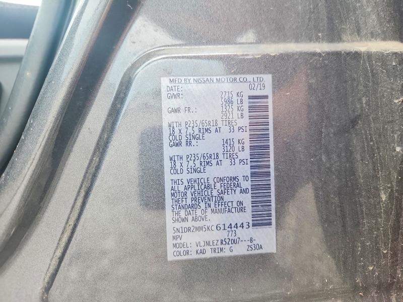 2019 Nissan Pathfinder მანქანა იყიდება აუქციონზე, vin: 5N1DR2MM5KC614443, აუქციონის ნომერი: 61304206