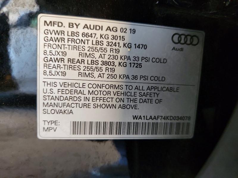 Продаж на аукціоні авто 2019 Audi Q7, vin: WA1LAAF74KD034078, номер лоту: 60288906